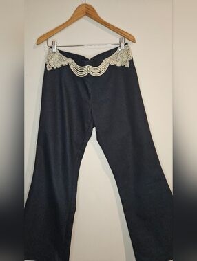 Esther Chen Navy Blue Cotton Wide Leg Embellished Trousers – Size 14 L, 39"